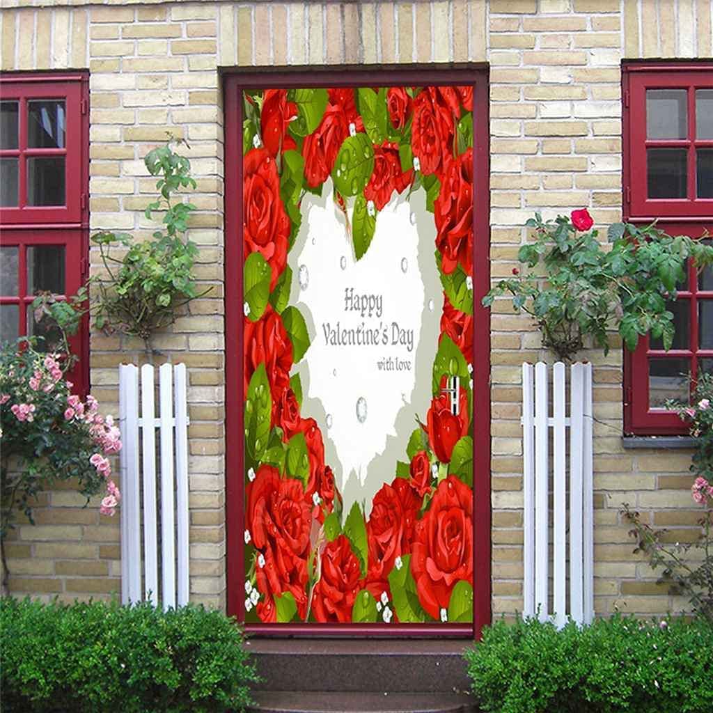 3D Door Stickers Heart Shaped Red Rose PVC Waterproof Art Sticker Removable Self Adhesive Vinyl Wall Decals Home Bedroom Kitchen Art Decoration Posters 100 X 215 Cm - Boy Girl Room Door Photos