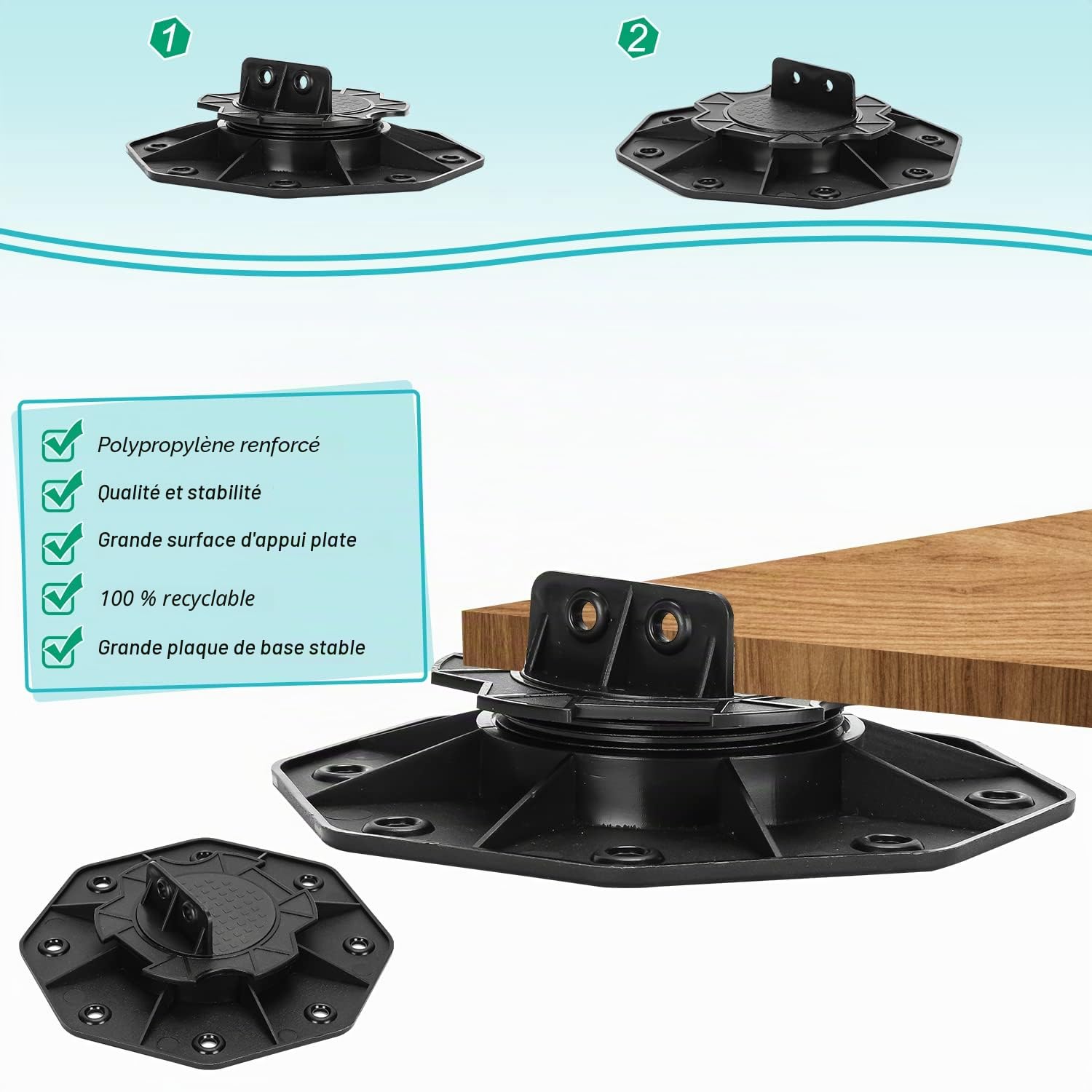 Gimisgu Lot de 100 plots réglables en hauteur - Pied réglable de 18 à 30 mm - Pour palier de plaque de terrasse - Sous-structure en bois, WPC et pierre - Charge maximale de 600 kg