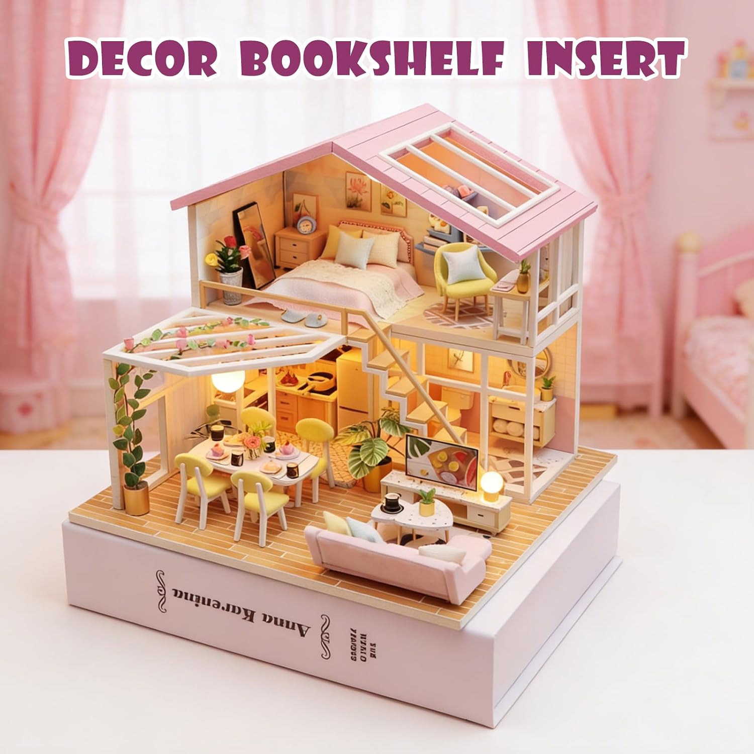 Book Nook Kit, 3D Wooden Puzzles DIY Miniature House Kit for Adults Booknook Dollhouse Diorama Building Kits Booknook Tiny Cozy House Bookshelf Decor Birthday Christmas Craft Hobbies Gift
