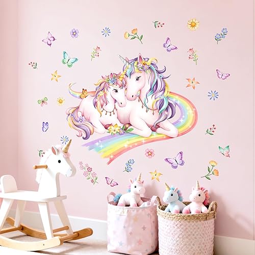 Vista 3 de Tanlaby Calcomanías de pared de unicornio arcoíris, flores, mariposas, unicornio, calcomanías de pared para despegar y pegar, decoración de pared