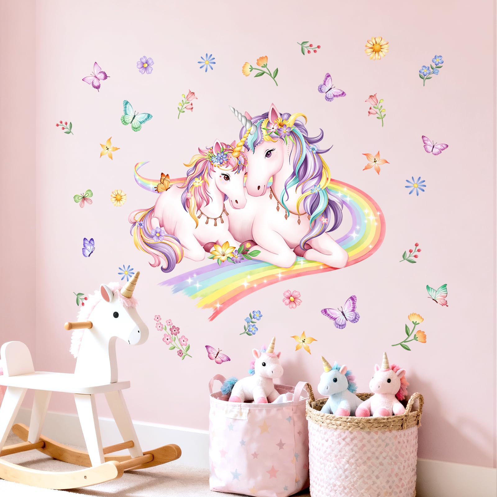 Tanlaby Sticker Muraux Licorne Arc-en-ciel Autocollant Muraux Fleur Papillons Sticker Murale Enfants Autocollants Mural à Décoller et Coller pour Fille Chambre Enfants Bébé Pépinière