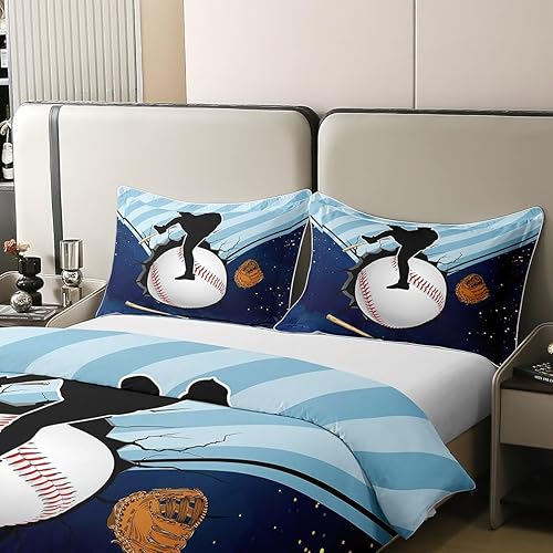 Miniatura 4 de Erosebridal Funda de edredón de béisbol 100% algodón para niños y adolescentes, funda de edredón con temática deportiva, juego de ropa de cama de