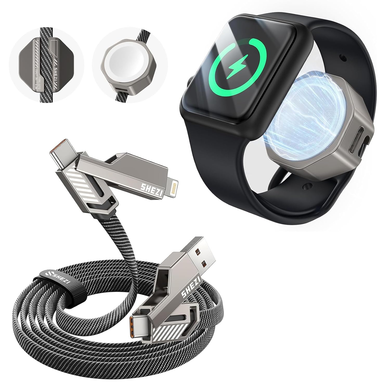 SHEZI 4-in-1 USB C Cable Lightning Cable 45W 10ft&Portable Apple Watch Charger