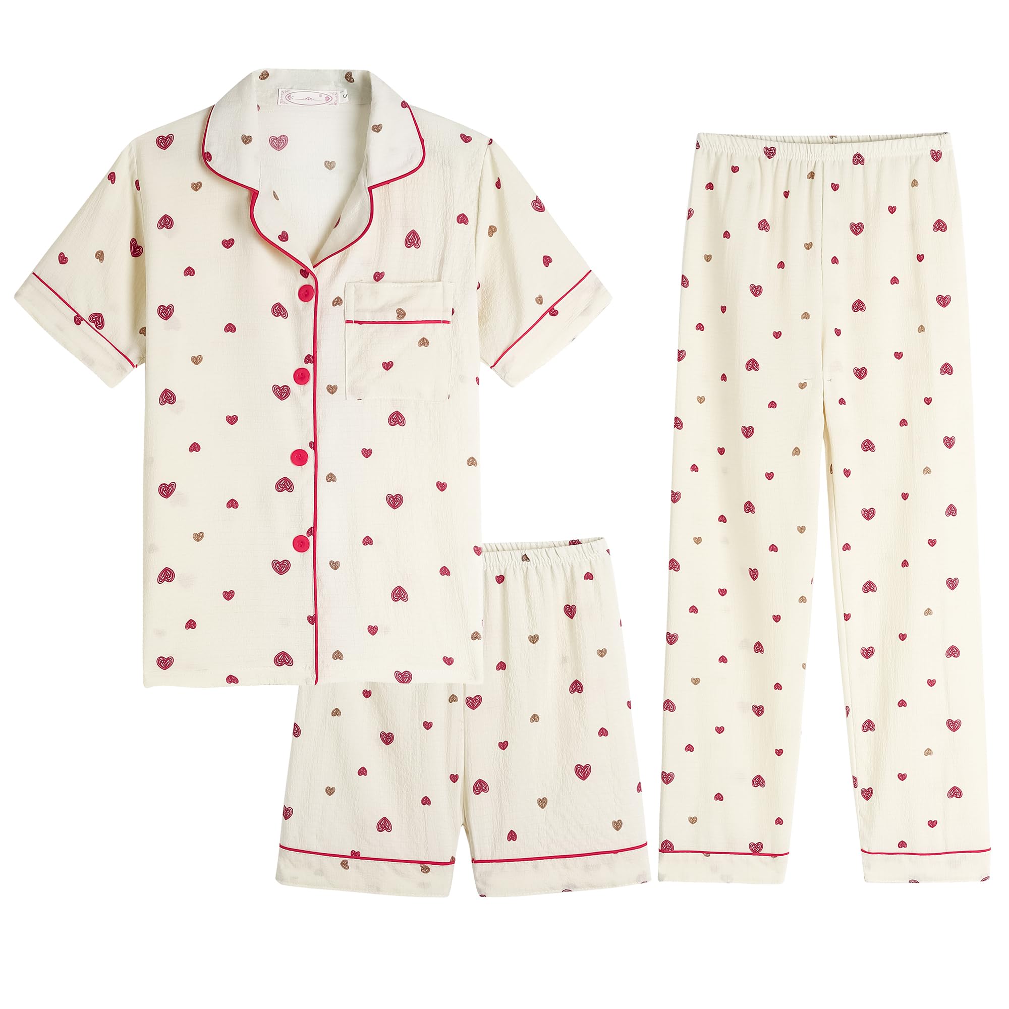 Hupohoi Big Girls Button Down Pajama Set 3pcs Crepe Fabric Sleepwear Nighty