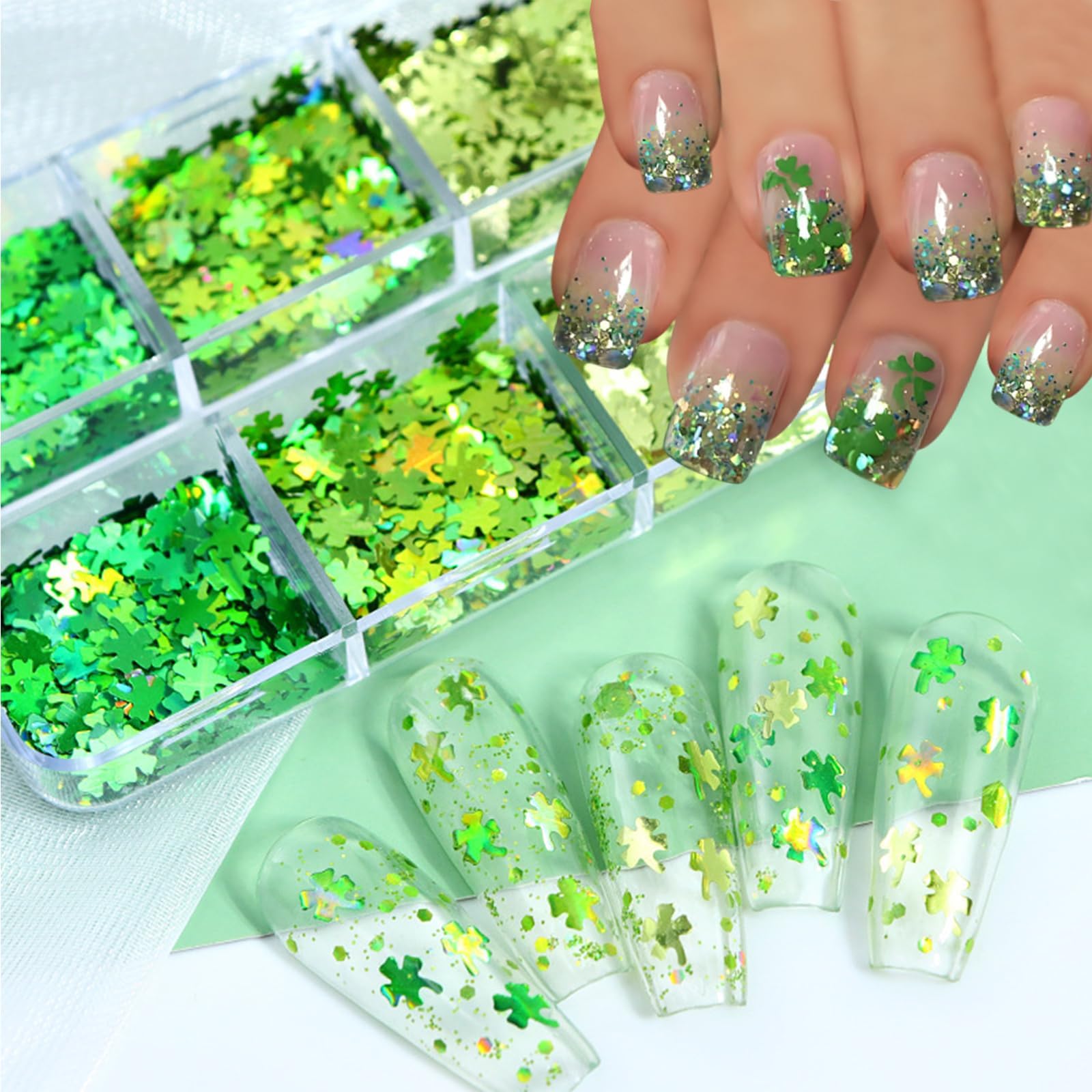 6Grid Four-Leaf Clover Nail Glitters Sequins 3D Holographic Mixed Color Nail Art Flake Nail Confetti Irish St. Patrick's Day Green Nails Glitters Manicure for Women Girls Face Body Nail Decoration
