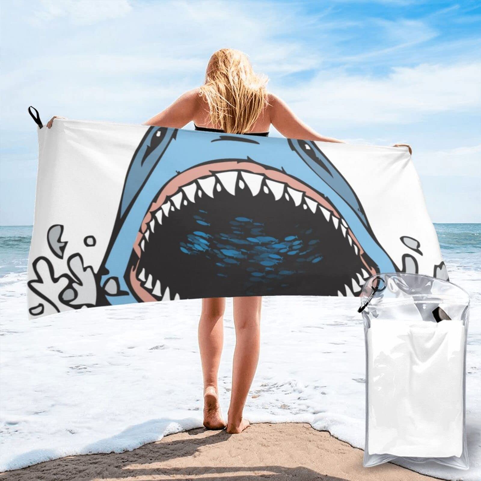 Lawenp Animal Shark Microfiber Beach Towel Adults Large Quick Drying Bath Towel Travel Towels with Pouch 31.5"x63"