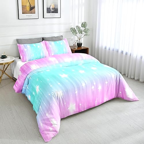 Miniatura 1 de SETWIER - Juego de funda de edredón de estrellas rosas y azules, tamaño King, diseño de cielo estrellado, funda de edredón con estampado de
