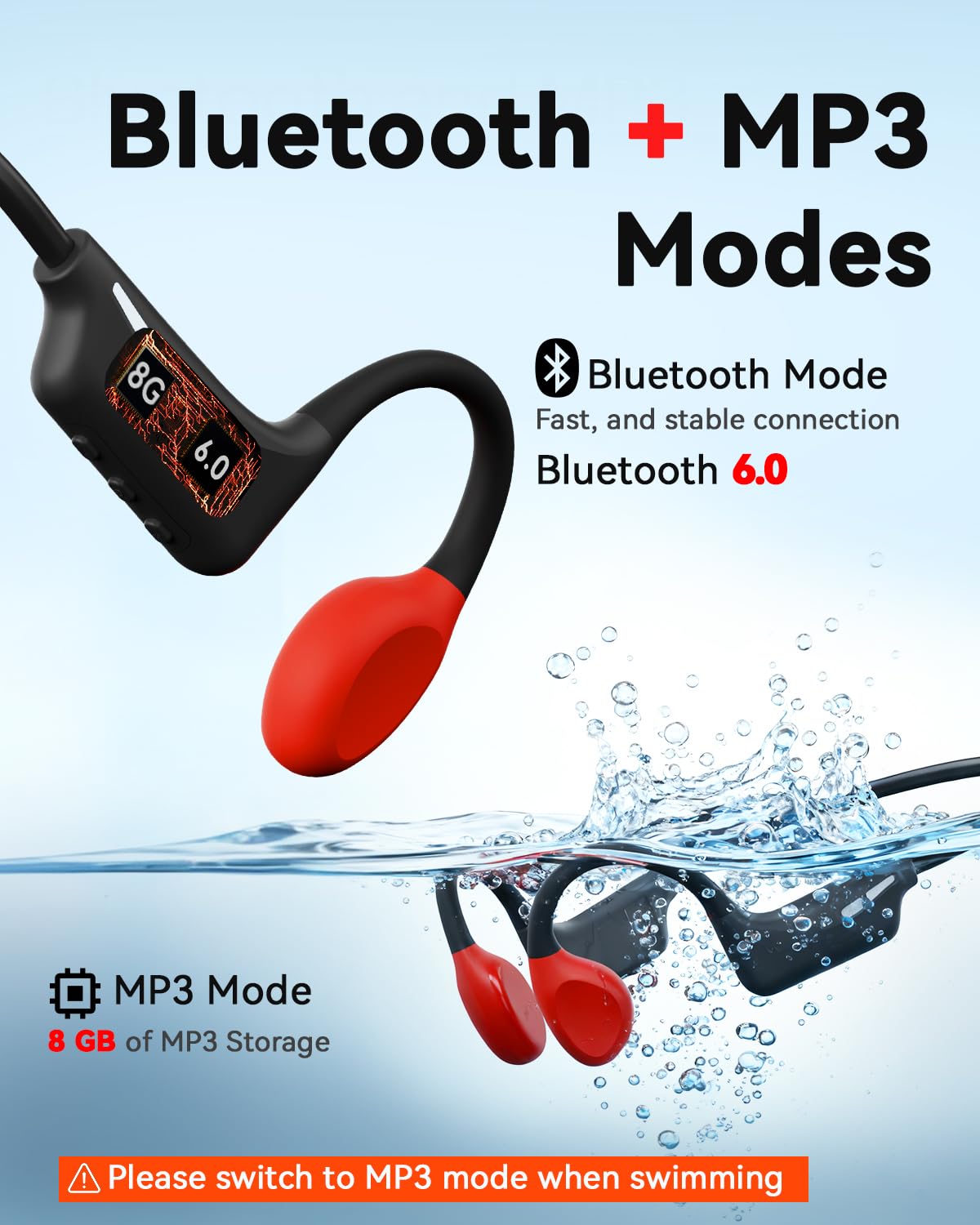 Cuffie Conduzione Ossea Subacquee per Piscina, 8GB MP3-Player Bluetooth 6.0 | 28g Ultra-leggero e silicone morbido per comfort, modalità Bluetooth e MP3, IP68 impermeabile per nuoto Piscina corsa fitness