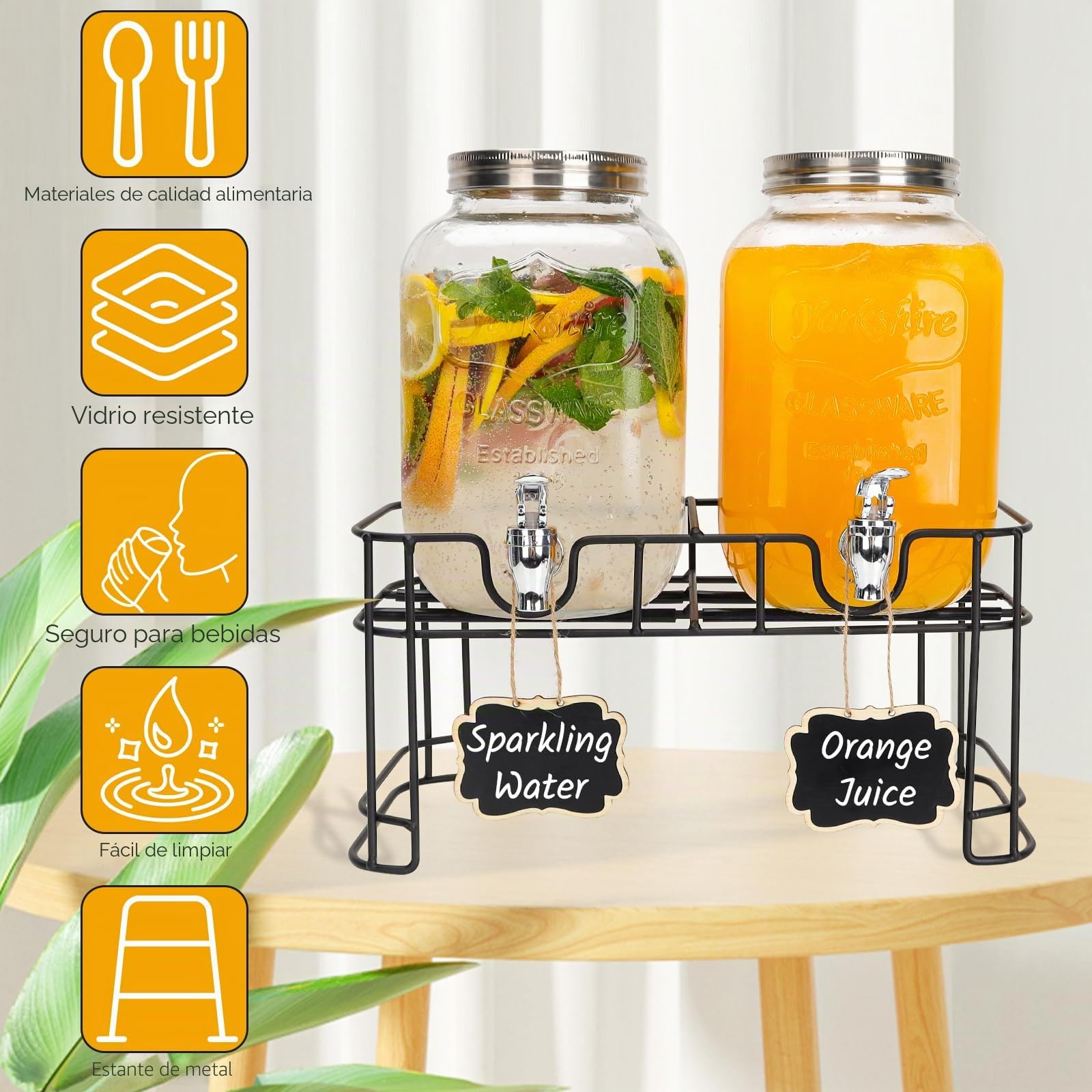 Dispensador de bebidas de cristal para fiestas, paquete de 2 unidades, 1 litro, con soporte y grifo, 100% a prueba de fugas, dispensador de limonada con cilindro de hielo y pizarra