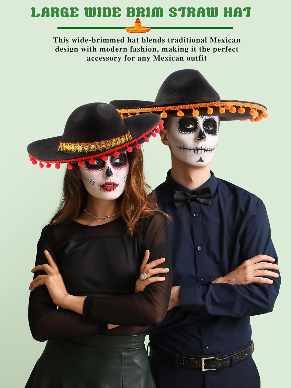 3 Pack Mexican Sombrero Hat Black Felt Fiesta Large Sombrero Hat with Ball Fringe for Fiesta Mexican theme Party Outfit Accessories - Image 4