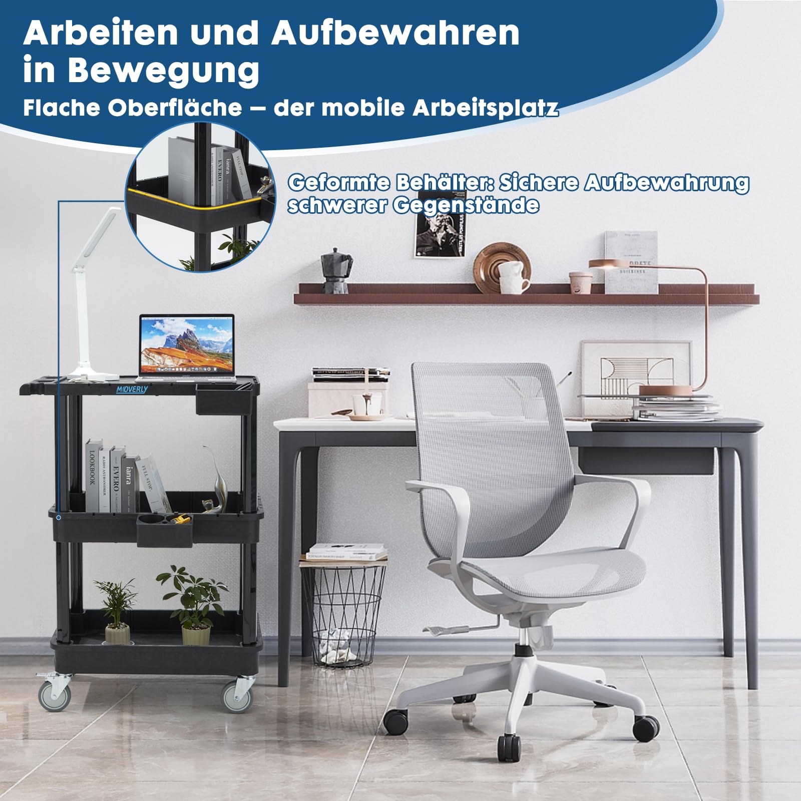 3-stufiger Rollwagen mit Flacher Ablage & tiefen Regalen, 70 x 46,4 cm, Kunststoff-Mehrzweckwagen mit 10 cm Rollen, 150 kg Tragkraft – für Büro, Werkstatt, Lager geeignet