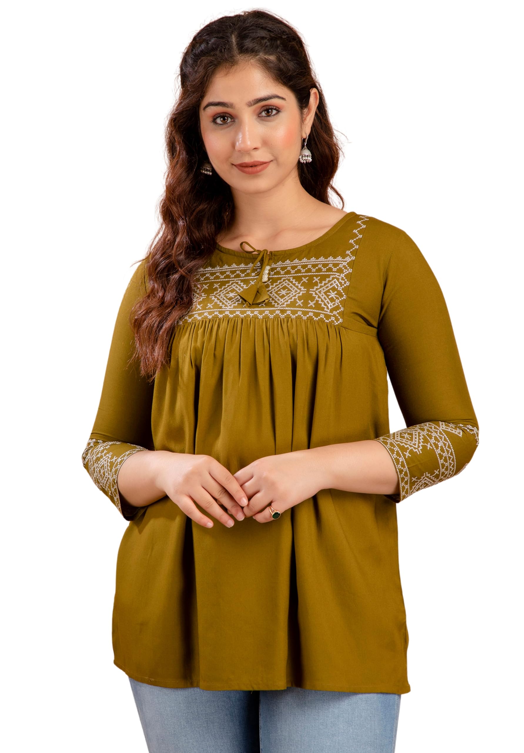 Highlander Women's Rayon Classic Heavy Embroidery Top with Beautifull Tassels at Front and on Both Sleeves Regular Fit - Office Wear Festival - Tunic Tops for Jeans Summer Black in black