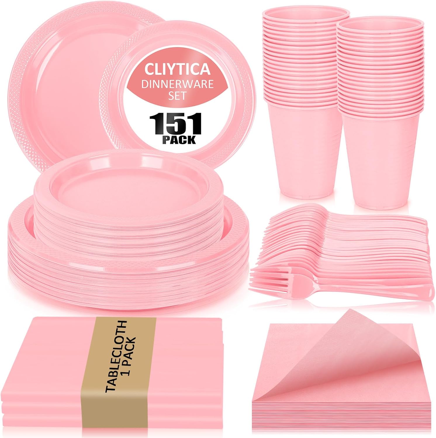 pink plastic plates for party,30 guest disposable plastic plates set 9" plates,7" dessert plate,napkins,cups,forks & tablecloth for birthday wedding baby shower,girlfriends tea party 30 guests pink