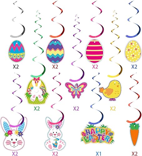 Miniatura 3 de Decoraciones de techo de remolino colgante de Pascua, huevo de Pascua, conejo, decoraciones de papel de aluminio para el hogar, oficina, escuela,