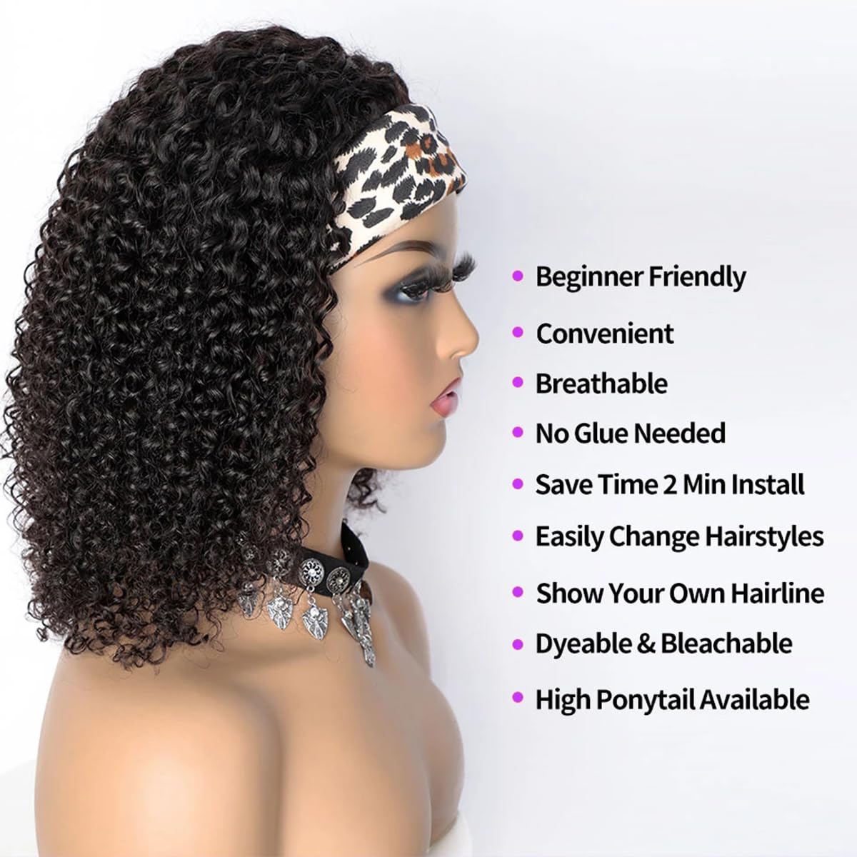 Natural Color Curly Human Hair Glueless Headband Wig