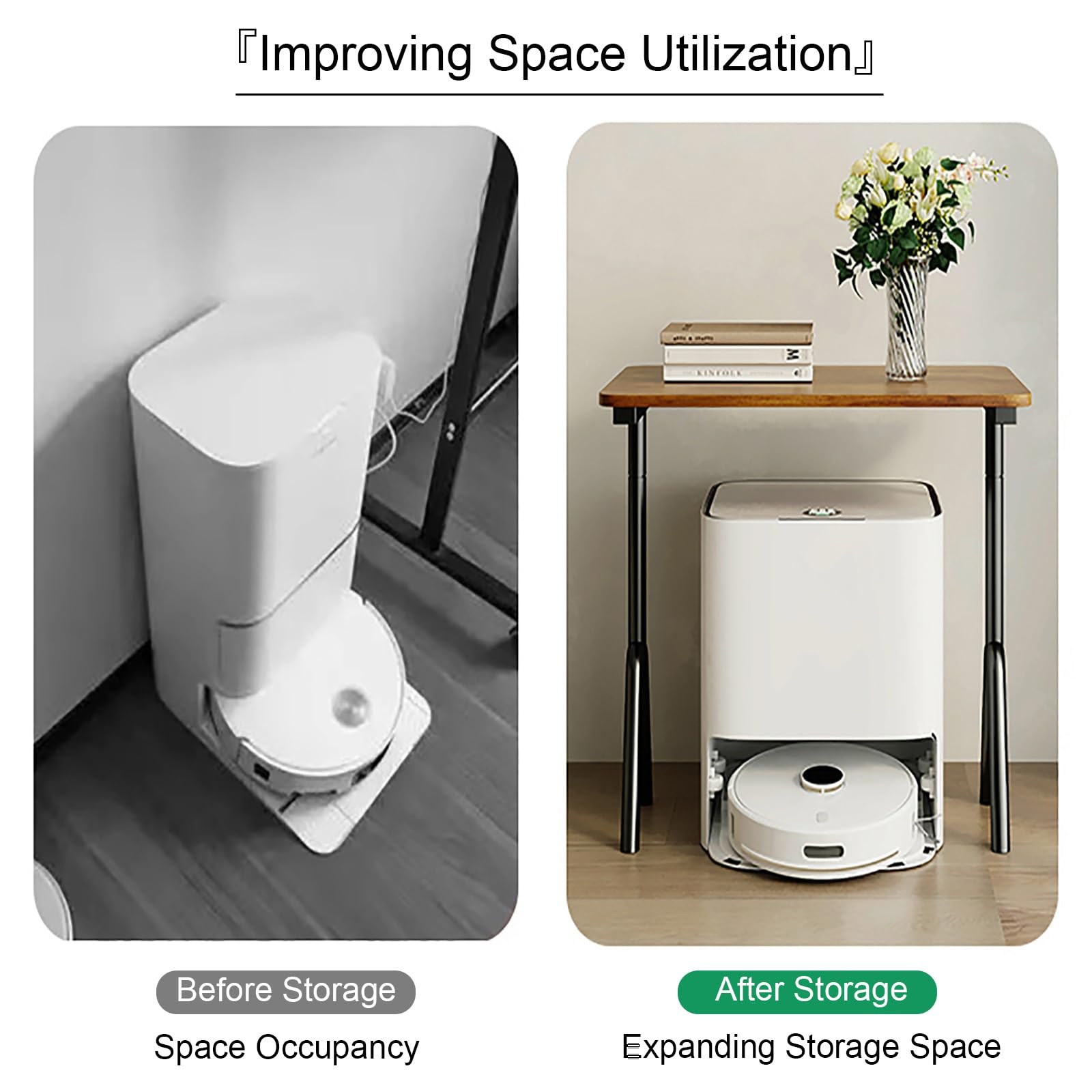 Roboter-Staubsauger-Aufbewahrungsschrank, multifunktionaler Organizer mit Holzplatte und Stahlrahmen, Sweeping Display Regal für effiziente Platzersparnis und Wasserwechsel