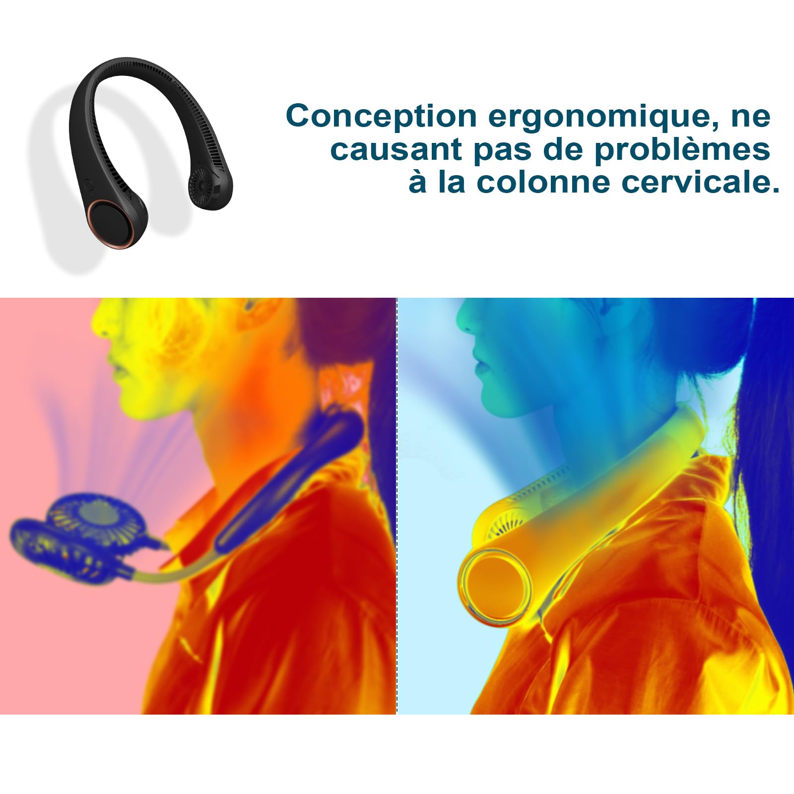 CIVPOWER Ventilateur de cou : ventilateur de cou portable rechargeable sans pales – mains libres 3 vitesses 4000 mAh batterie USB conception casque portable – pour homme femme extérieur intérieur