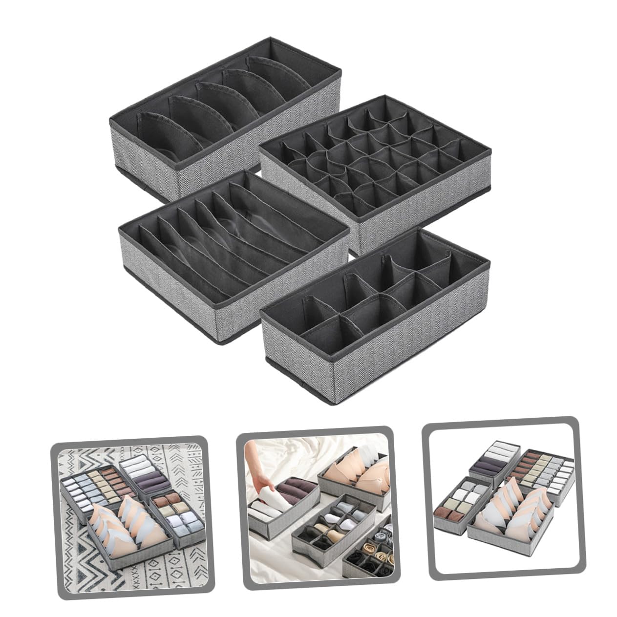 Set 4 Pezzi Divisori Pieghevoli per Cassetti Oxford e Non Tessuto Grigio Organizer per Armadio e Biancheria Intima Capacità Rinforzata Contenitori per Calzini Mutandine e