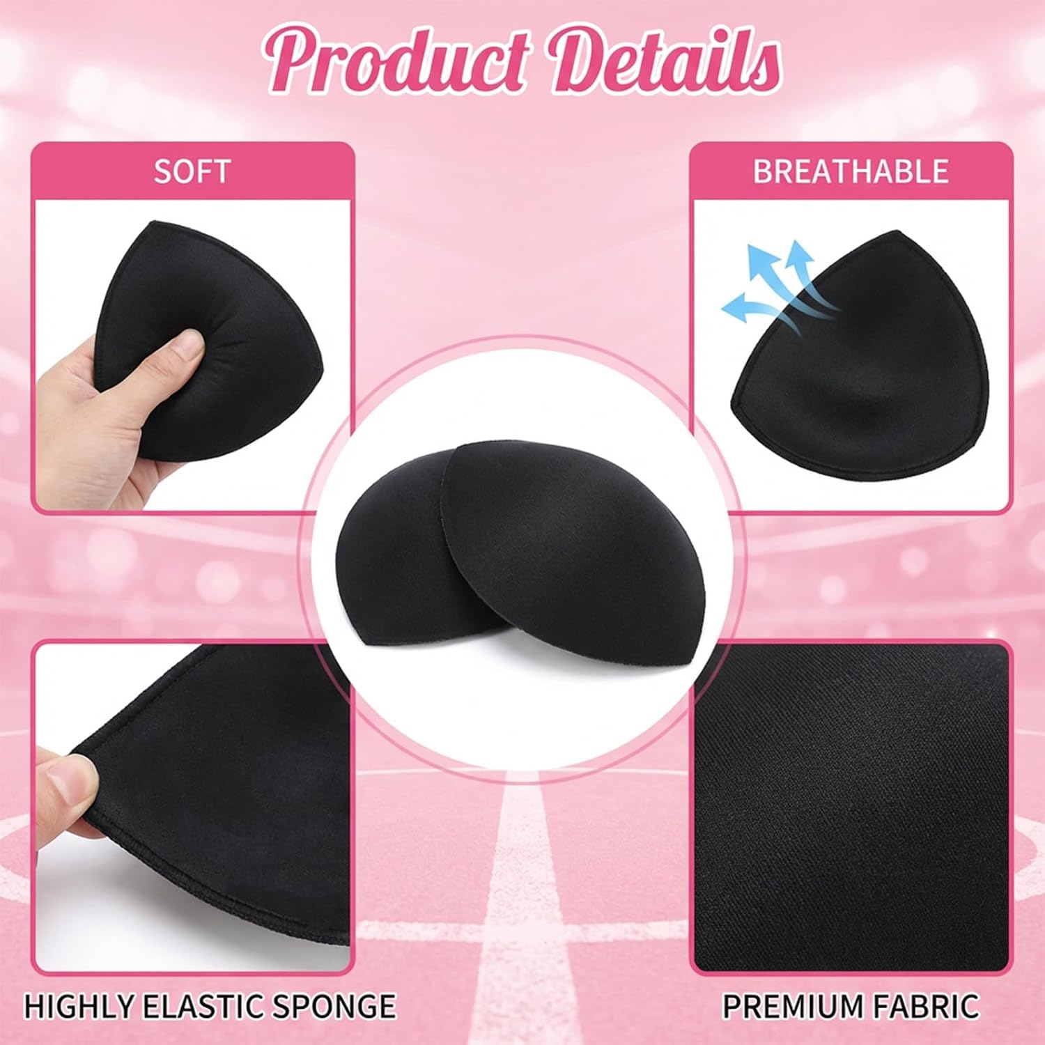 2 Pairs Sports Bra Pad Inserts, Removable Triangle Bra Cups Inserts Push Up Breathable Breast Enhancers Insert for Sports Bras Women Dresses Swimsuits Bikini (Black)