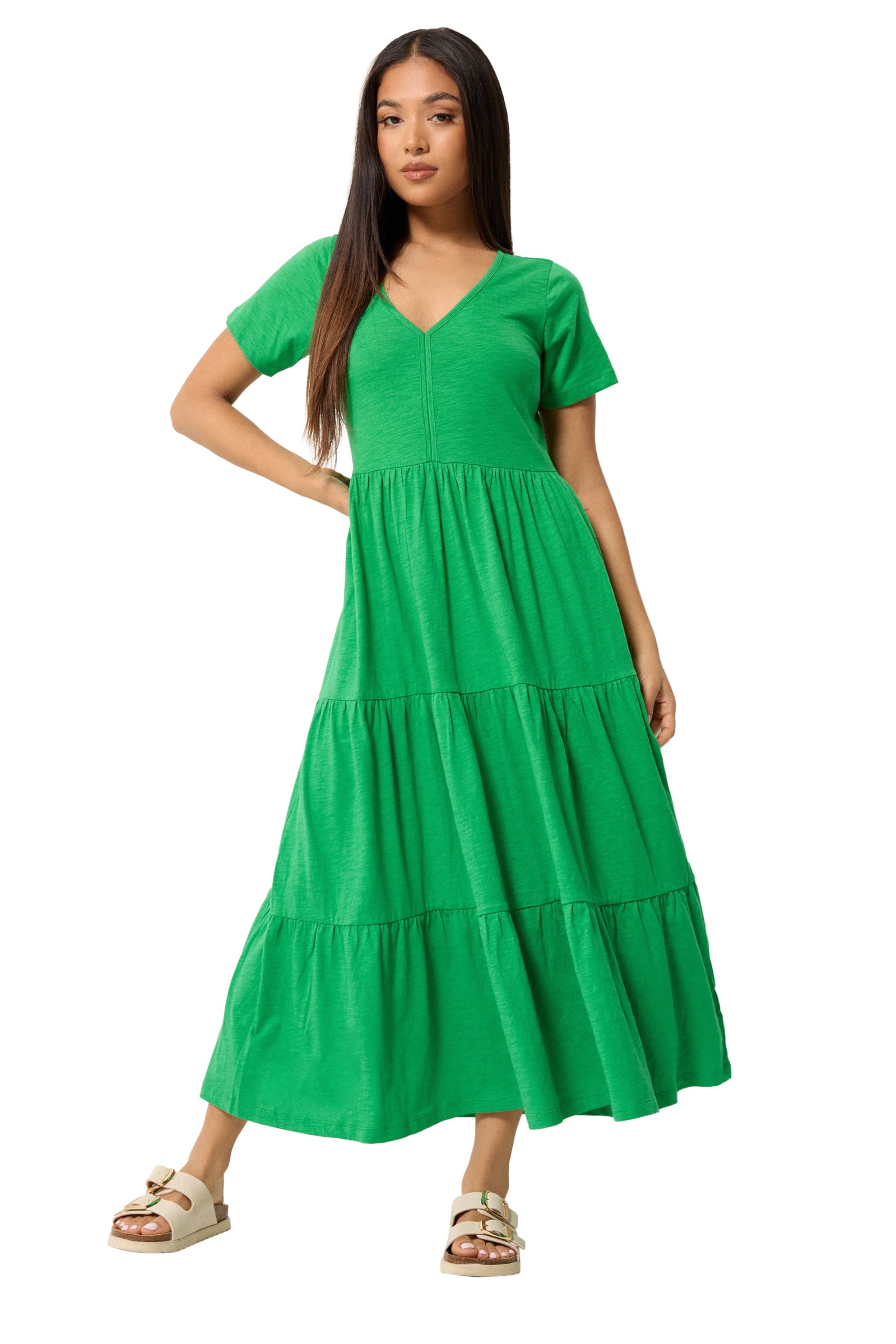 M&Co Women's Bright Green Petite Notch Neck Tiered Cotton Maxi Dress In | : Size 12