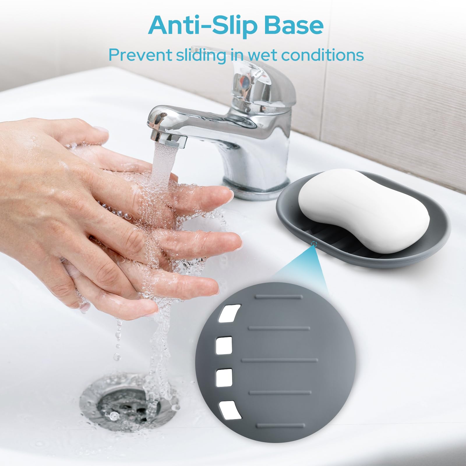 2 Portasapone In Silicone Con Scarico, Antiscivolo, 12x10x1,5 Cm, Per Bagno E Cucina, Bianco E Grigio