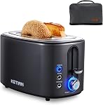 2 Slice Toaster with Cover,KETIAN Retro Stainless Steel Toasters,1.5'' Extra Wide Slot,Cancel Bagel Defrost Reheat Functions, 6 Toast Browning Settings, Removable Crumb Tray,Black
