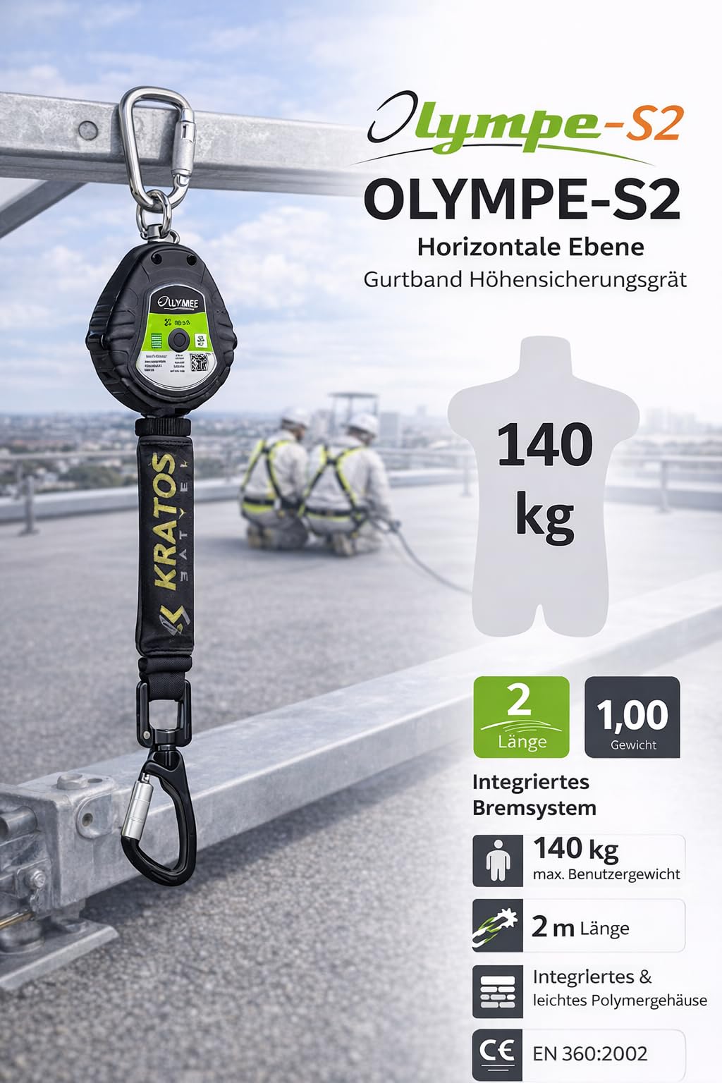 KRATOS SAFETY - Olympe-S2, Antichute à Rappel Automatique avec Sangle LG. 2m - 119-FA2050202