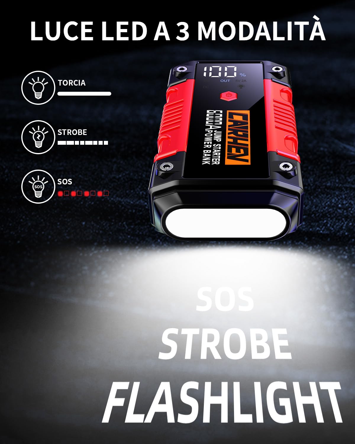CARHEV Avviatore Batteria Auto, 6000A Avviatore di Emergenza per Auto(Fino a 10L Benzina/10L Diesel), 12V Booster Avviamento Autos, Starter Batteria Autos Portatile con Torcia a LED, Uscita USB Rapida