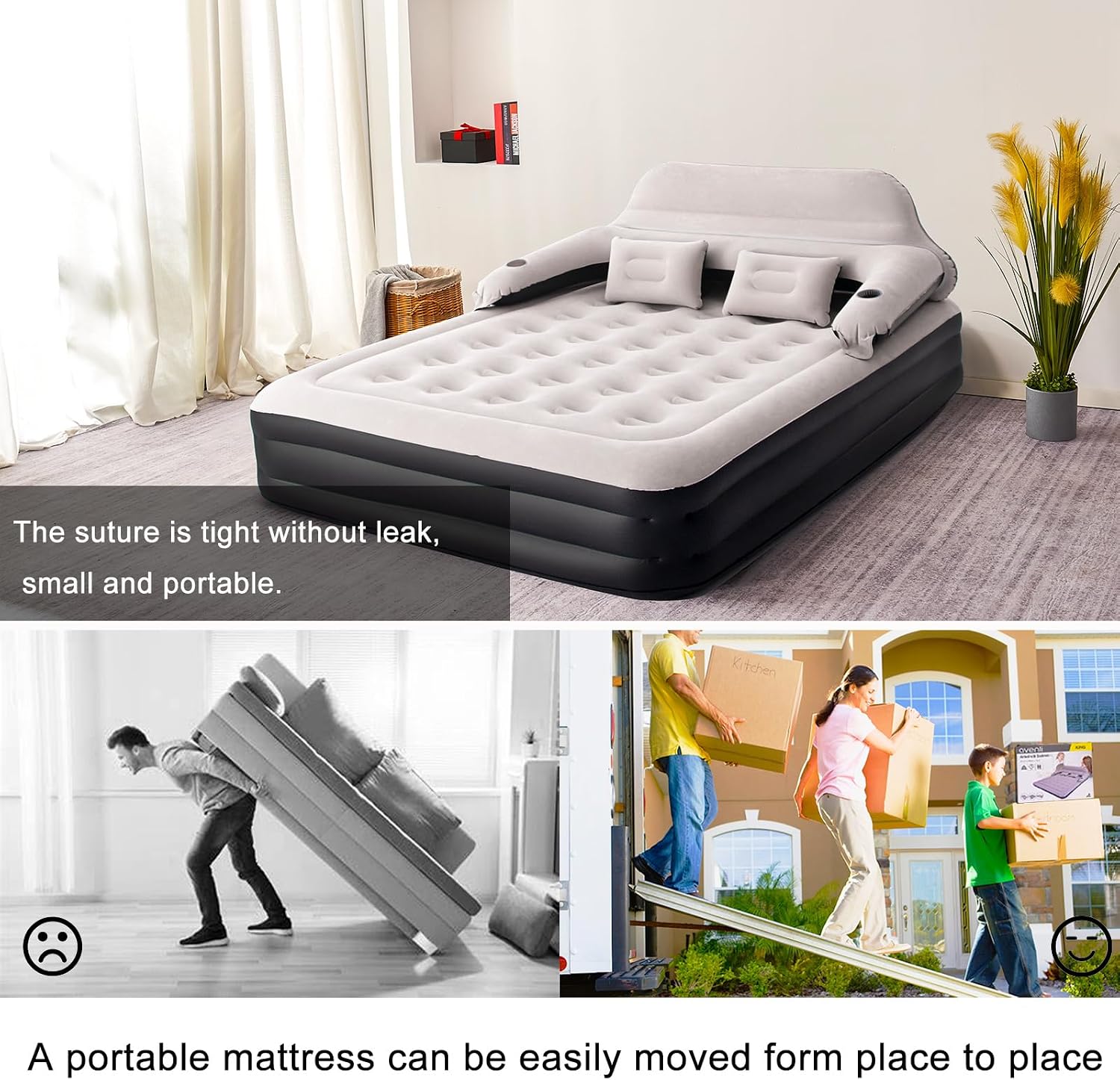 Queen Size Air Mattress Inflatable Bed with Pump and Headboard,Blow Up Mattress for Bedroom Overnight