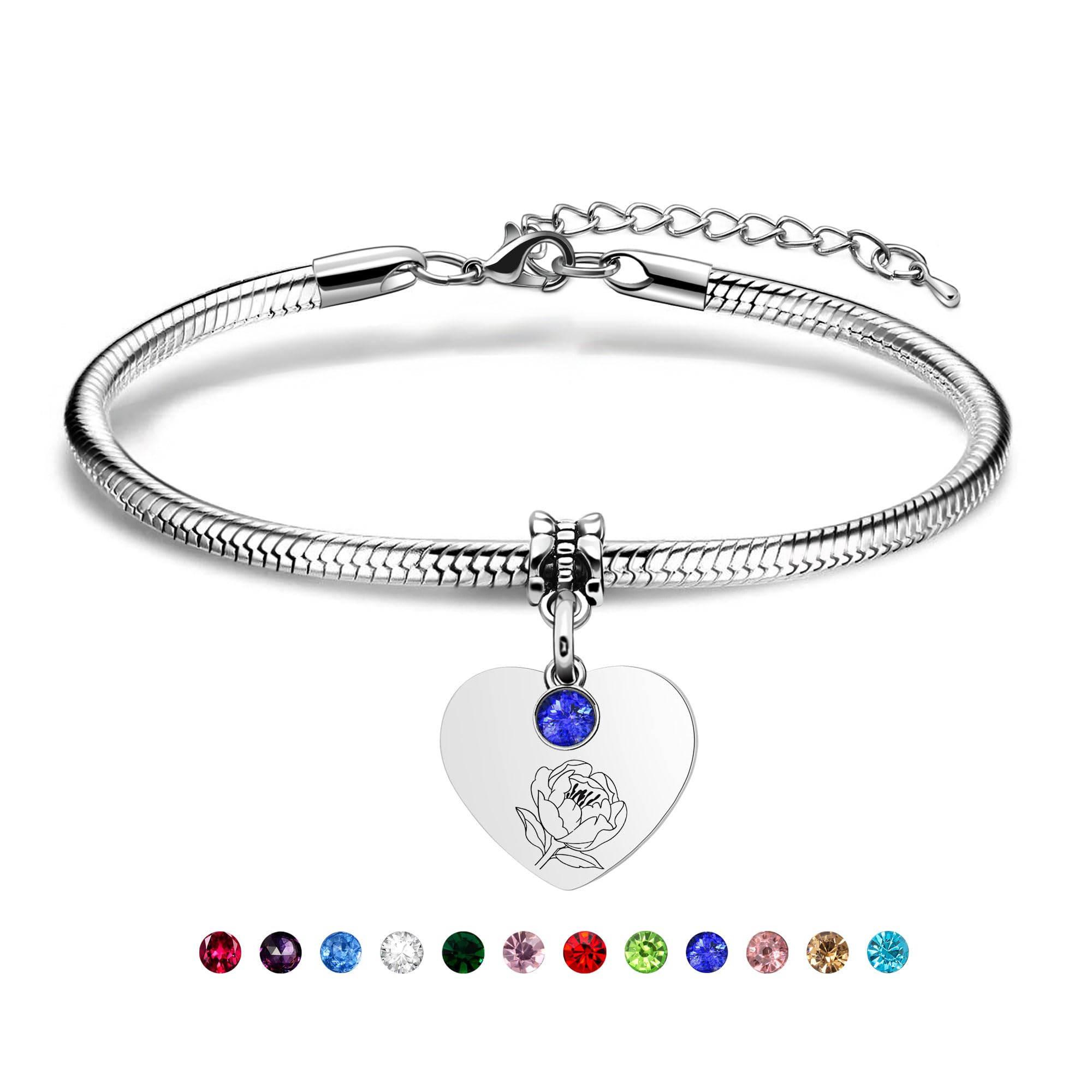 BervsalnBirth Flower Bracelet for Women Birthstone Charm Silver Birth Month Floral Pendant Jewelry Birthday Gift for Her