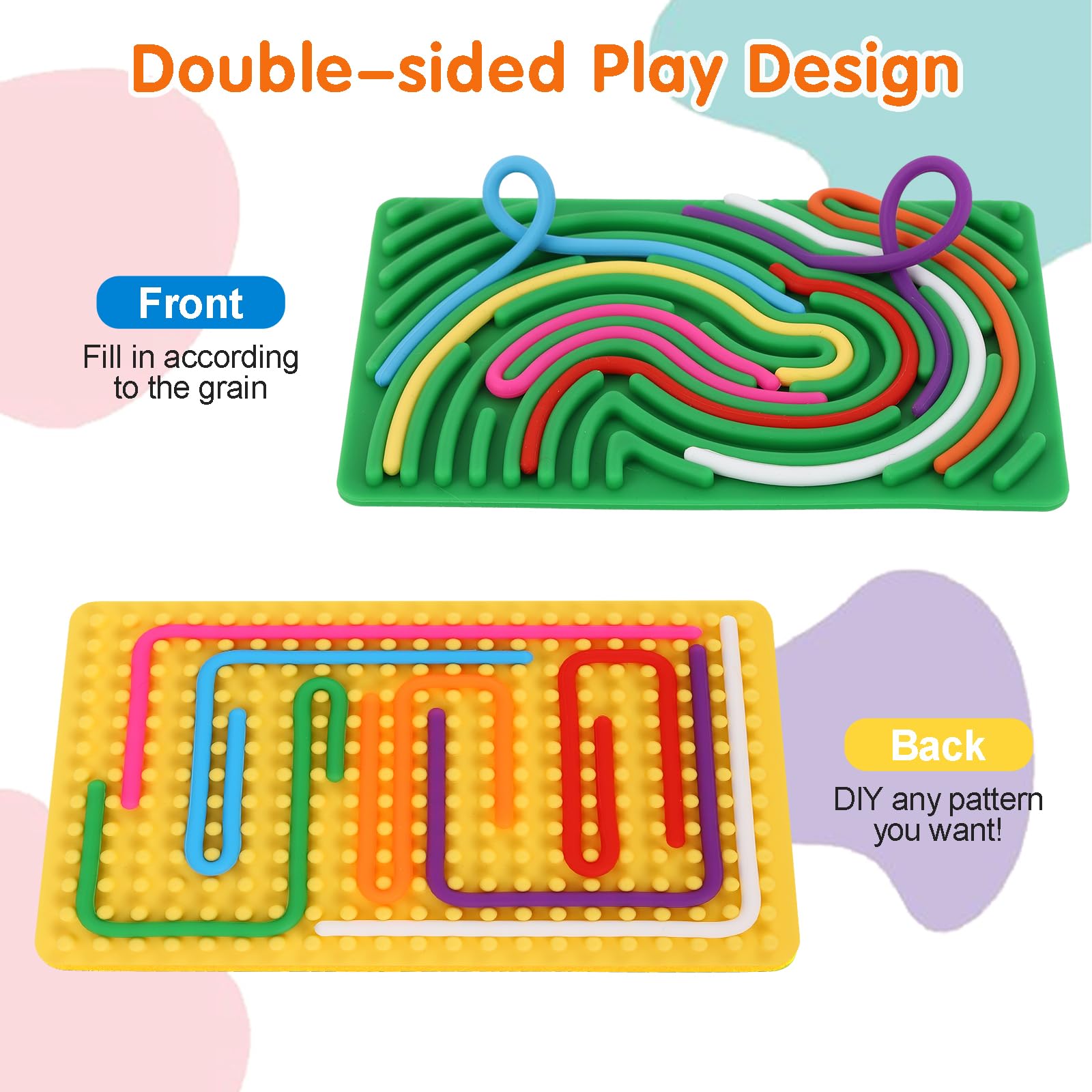 AUAUY Tableau D'activité Sensorielle Enfant, Jouet Anti-Stress en Silicone | Planche Sensorielle Double Face avec Sac Portable et 20 Cordes, pour Soulager Le Stress, TDAH et Autisme - Coloré