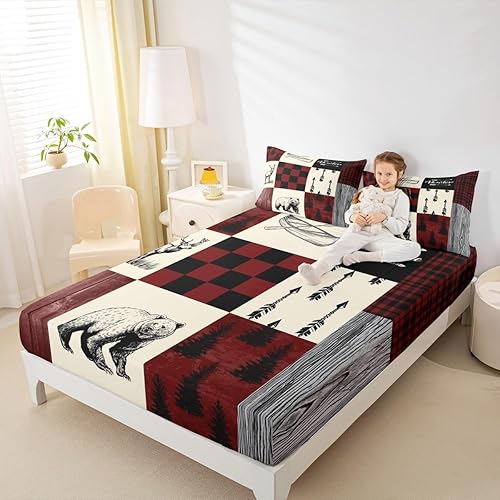 Miniatura 8 de Rustic Lodge - Juego de sábanas tamaño individual con diseño de oso y alce, diseño de retazos, color rojo y negro, a cuadros, ropa de cama de