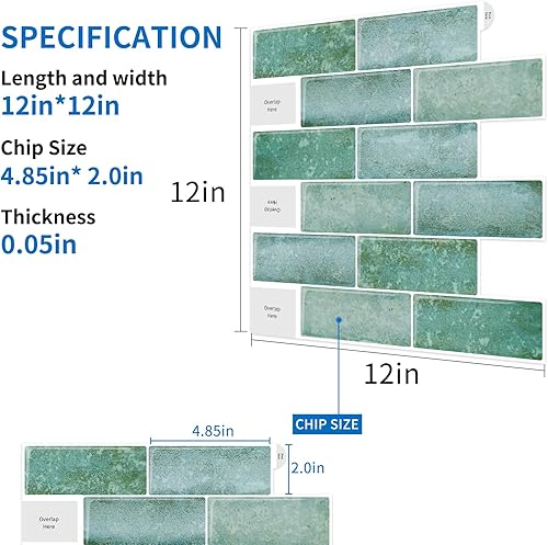 Miniatura 2 de Artemuro 10 hojas de azulejos de metro verde azulado para despegar y pegar, azulejos autoadhesivos 3D para cocina, baño, azulejos de mosaico