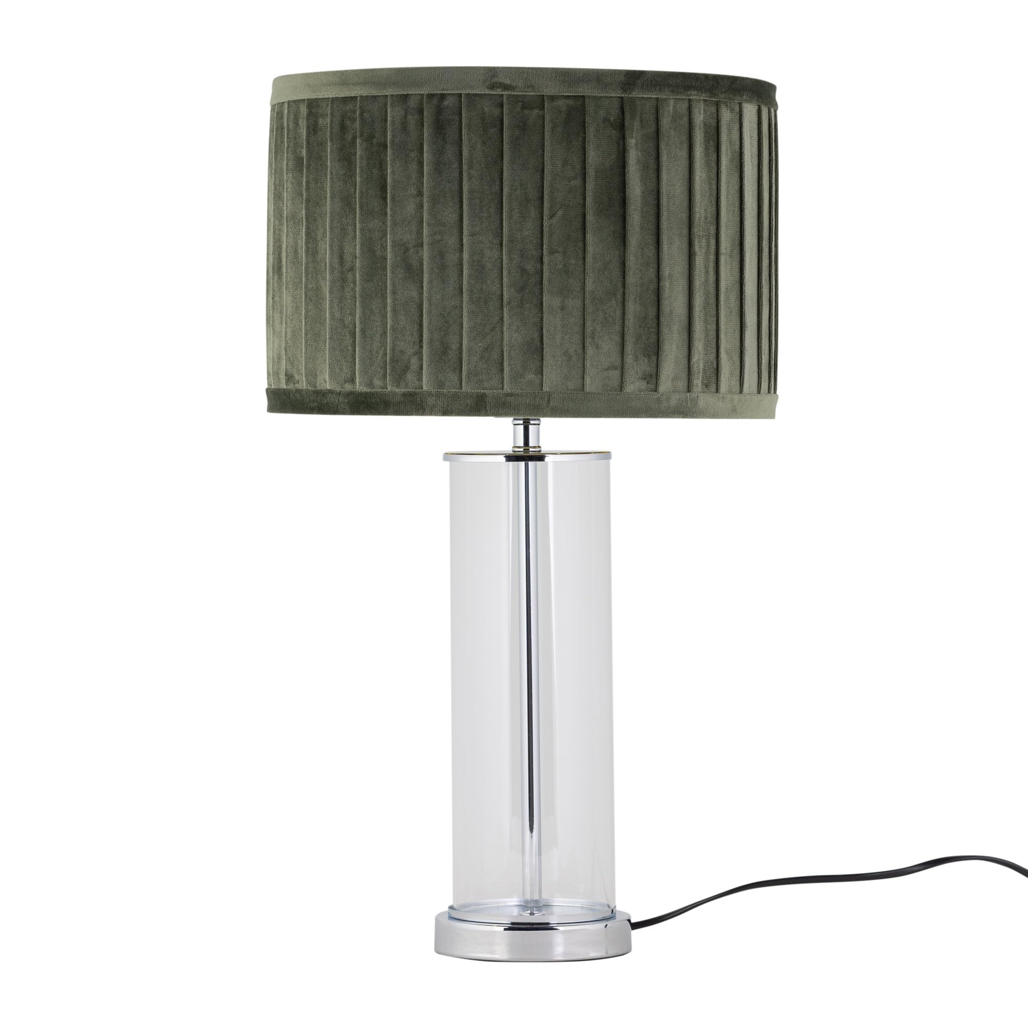 Firstchoicelighting Chrome & Dark Green Modern Chrome & Glass Table Lamp Bedside Light With Green Pleated Velvet Shade, Led Compatible, Height 54Cm, Inline Switch