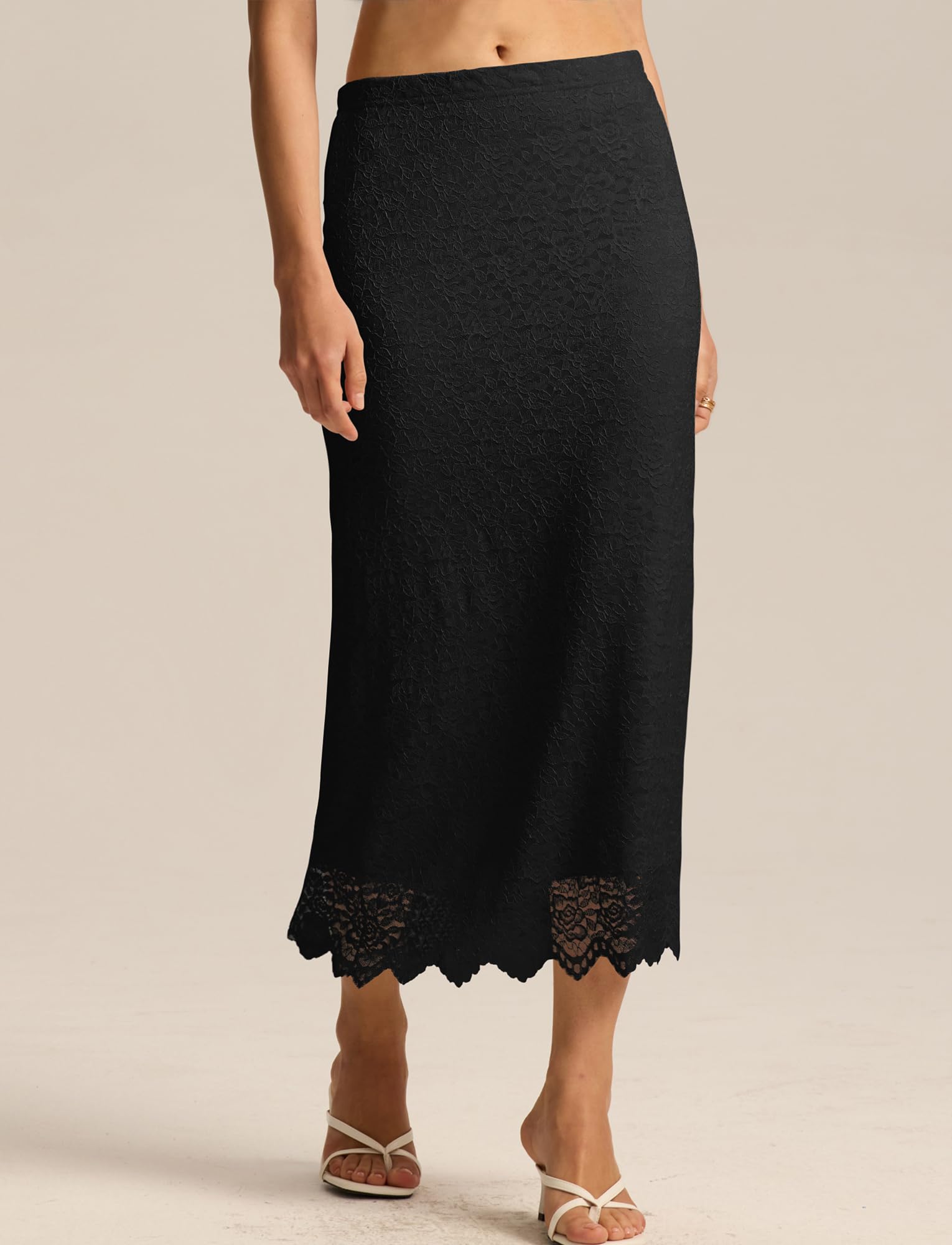 FEOYA Jupe Femme en Dentelle Élégante Coupe Bodycon Droite Jupe Longue Décontractée Elastique Taille Midi Jupes