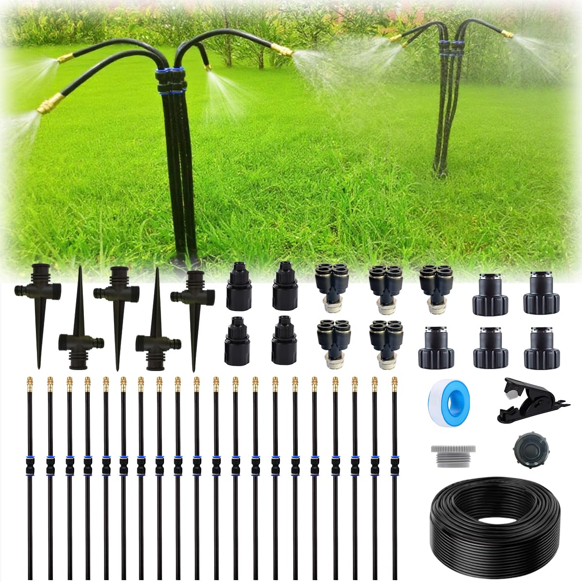 New Vertical Spray Watering System, 65.6FT Connecting Pipe,Height-Adjustable Spraying System, with 5 Groups of Spray Systems. Outdoor Terrace Cooling System and Lawn Watering System.