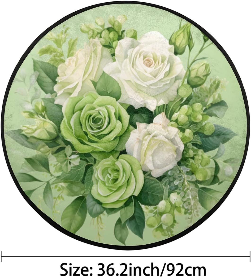 Round Rug 3ft Flower Floral Green Indoor Circle Area Circle Rugs Washable Non-Slip Bedside Indoor Doormat for Living Room Bedroom Playroom Nursery Room Decor Carpet Mat Splat Mat for High Chair