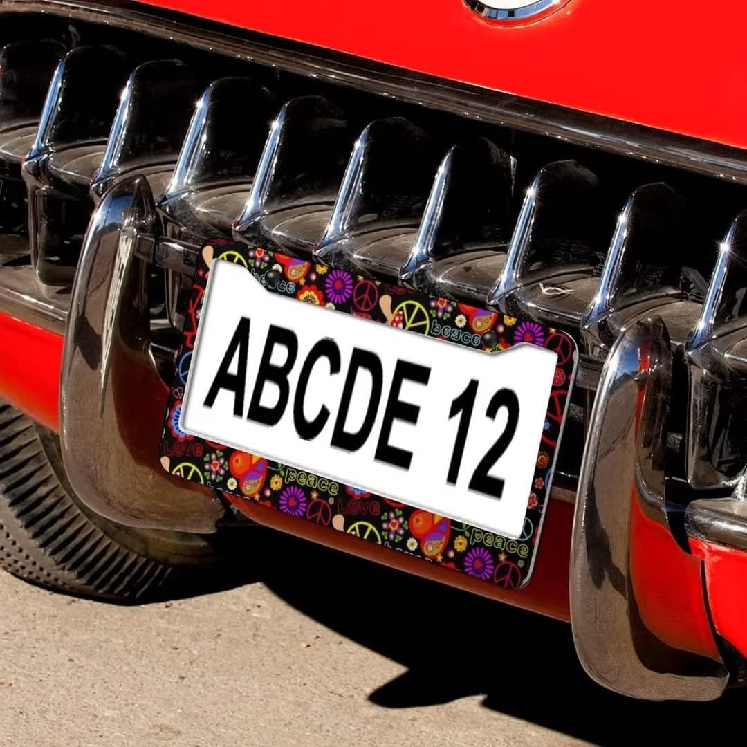 Hippies Peace Flower License Plate Frame Novelty Personalized Car Tag Hippie Flower Steering Wheel Covers Colored License Plate Covers 2 Holes for US Standard Vehicles with Screw Caps Car Accessories
