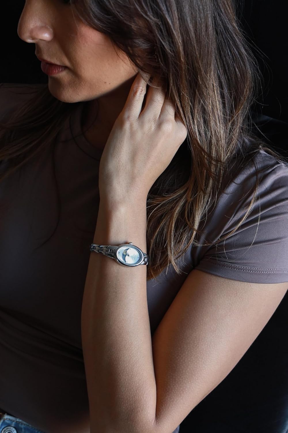 Peugeot Womens 30mm x 20mm Oval Watch with Sun-Moon Phase Roman Numeral Dial and Metal Link Bracelet (Silver.)