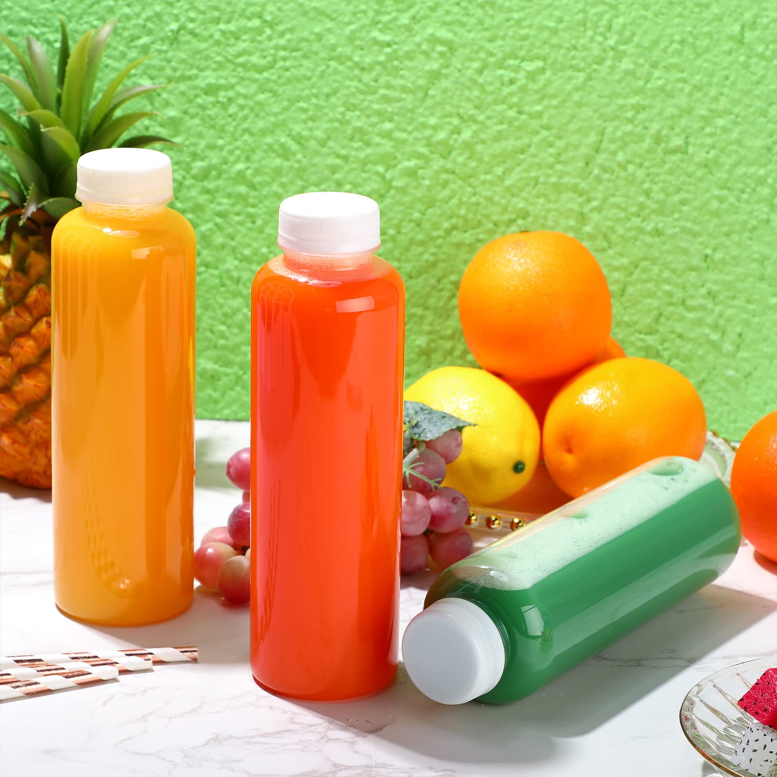 Tanlade Paquete de 200 botellas de plástico para jugo con tapas, recipientes transparentes reutilizables con tapas, botellas vacías de PET para bebidas a granel para jugos, batidos, bebidas,