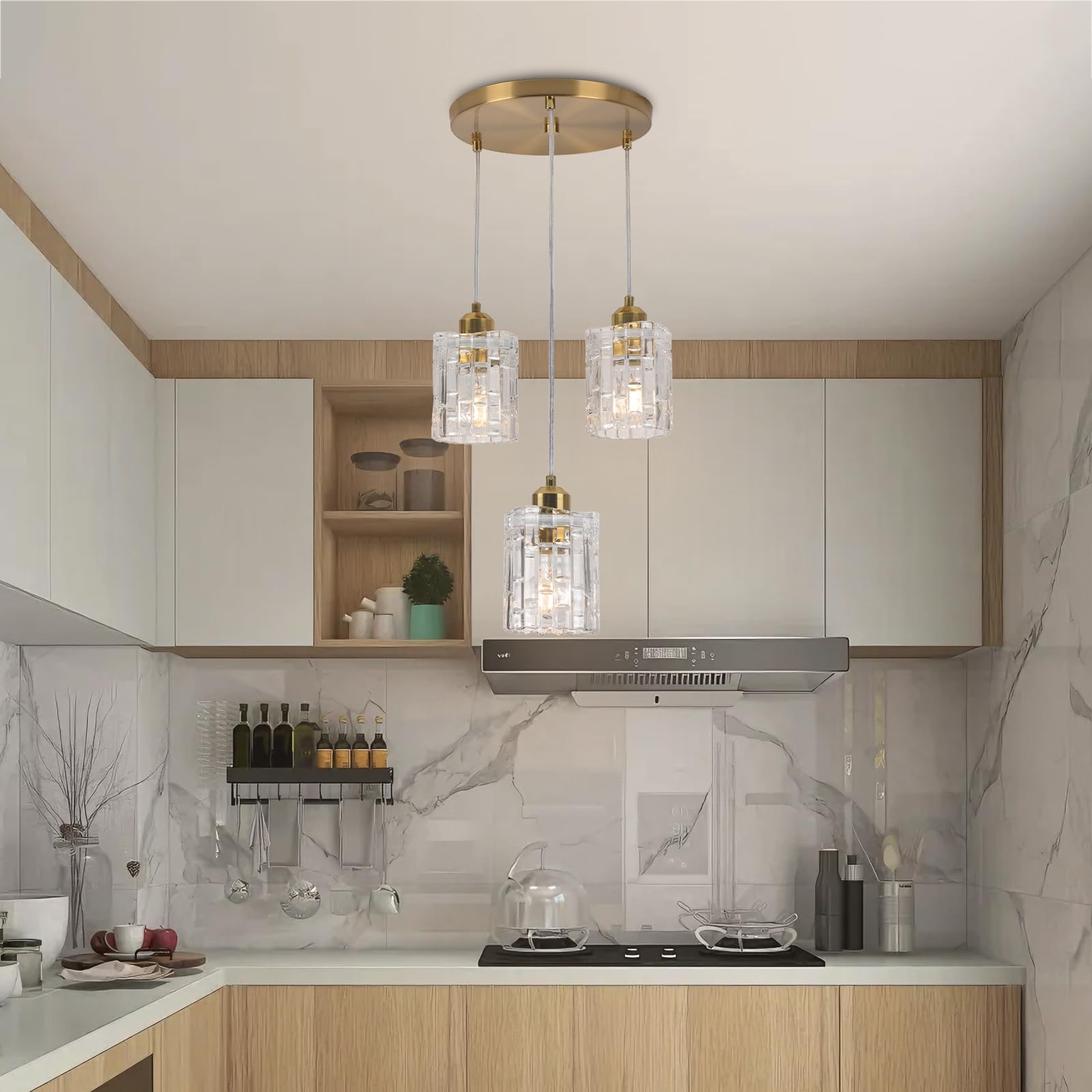 Gold Long Crystal Pendant Light for High Ceilings, 3 Lights Adjustable Height Hanging Ceiling Light Flush Mount, Modern K9 Chandelier Ceiling Fixture for Bedroom Living Room Hallway Entryway
