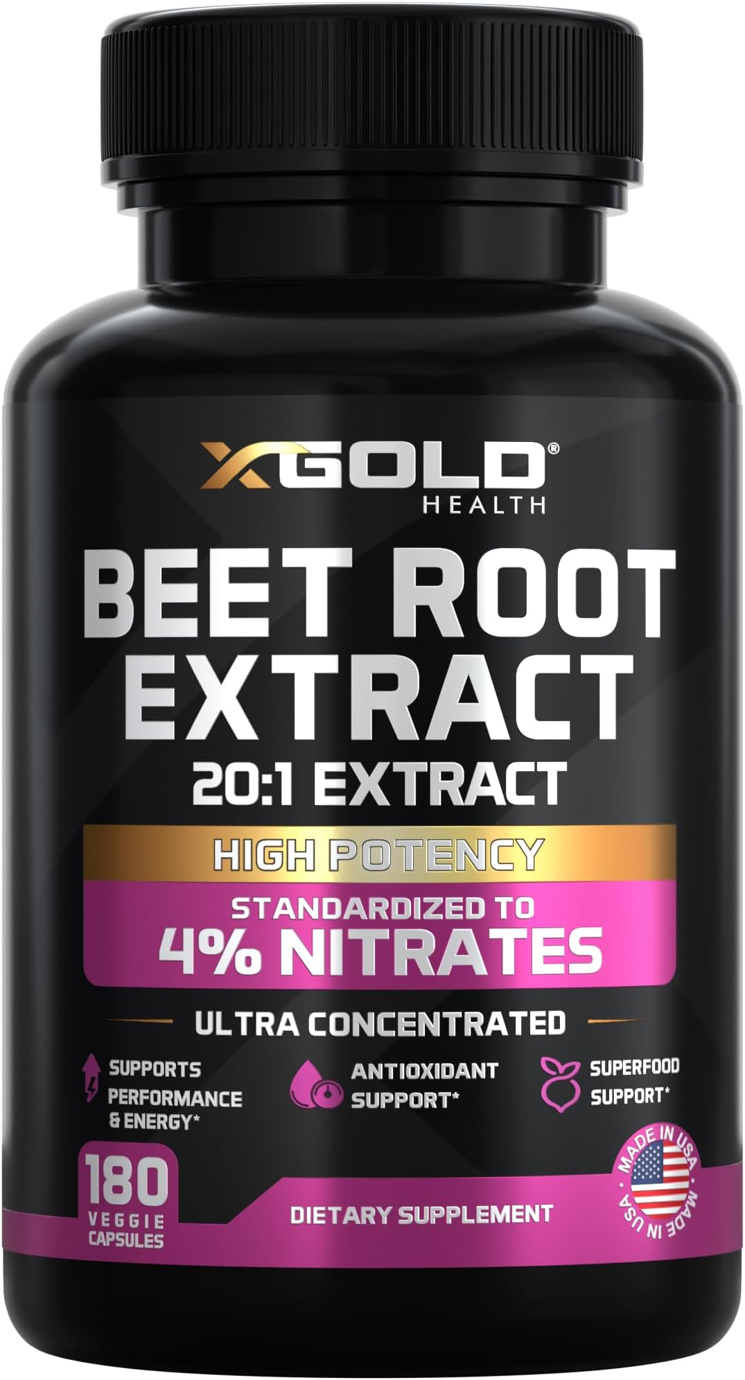 Beet Root Extract 20:1- Concentrated Beet Root Capsules Supplement w/Black Pepper - High Nitrates - Natural Nitric Oxide Booster - Highly Concentrated & Bioavailable - Made in USA -180 Caps