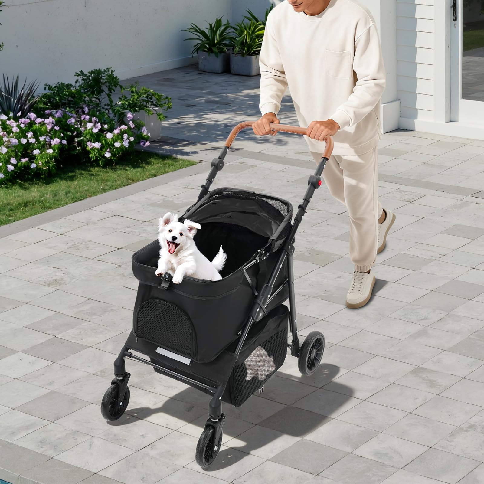 Hundewagen Faltbarer Hundebuggy, klappbar Katzenwagen bis 15kg mit 4 Rädern, Faltbarer Tierbuggy mit Netzfenster, Haustier-Kinderwagen für kleine Hunde Katz