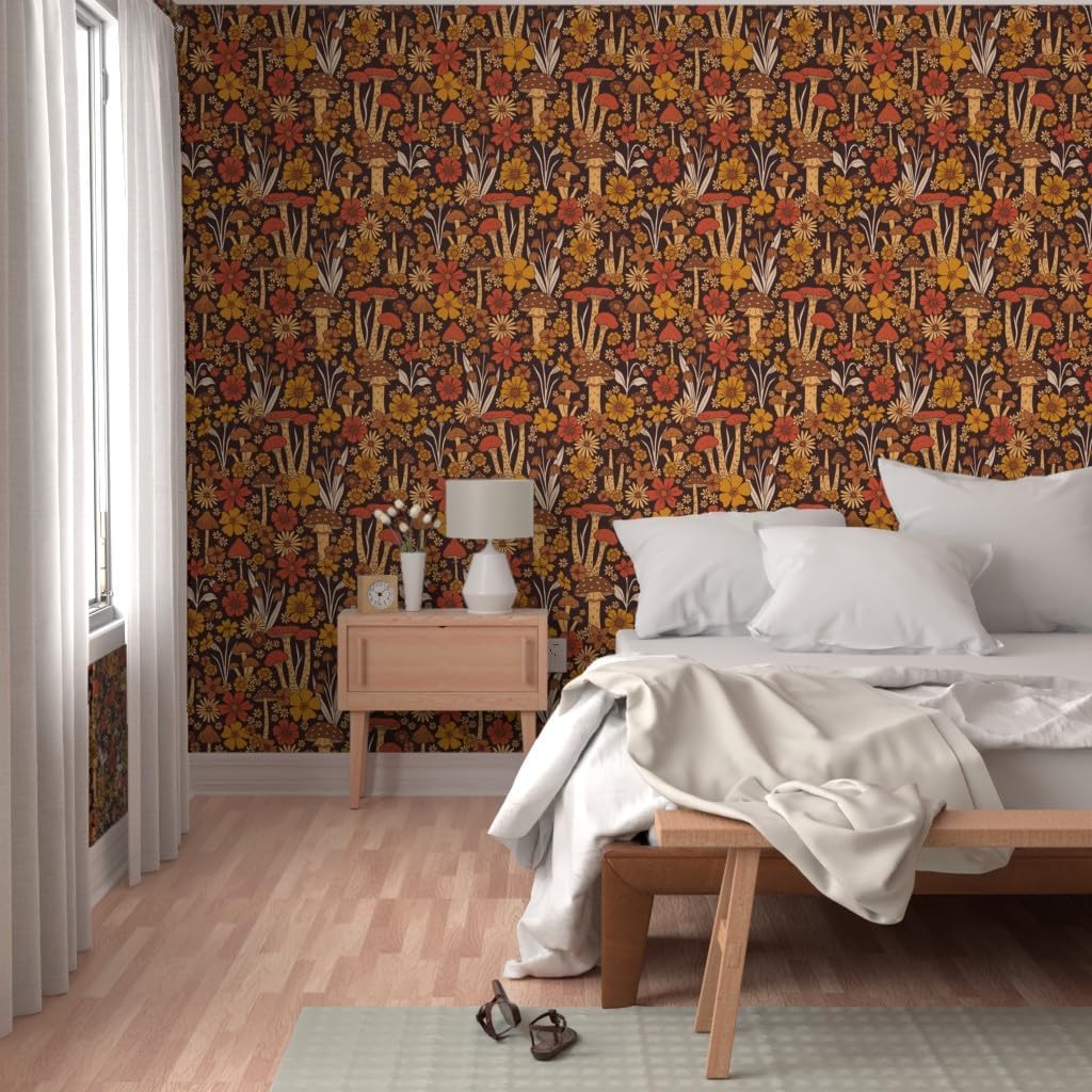 Peel & Stick Wallpaper 6ft x 2ft - Vintage Style Flower,Floral Retro,1970s Hippie,70s Mushroom,Brown Orange Custom Removable Wallpaper by Spoonflower