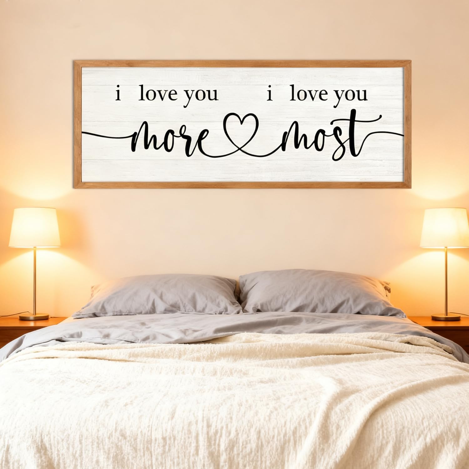 I Love You More and Most Decorative Sign & Plaque Framed Wall Art for Couples, 40''×15'' Vintage Wooden Horizontal Family Wall Decor Above Bed, Rustic Farmhouse Wedding Gift Natural