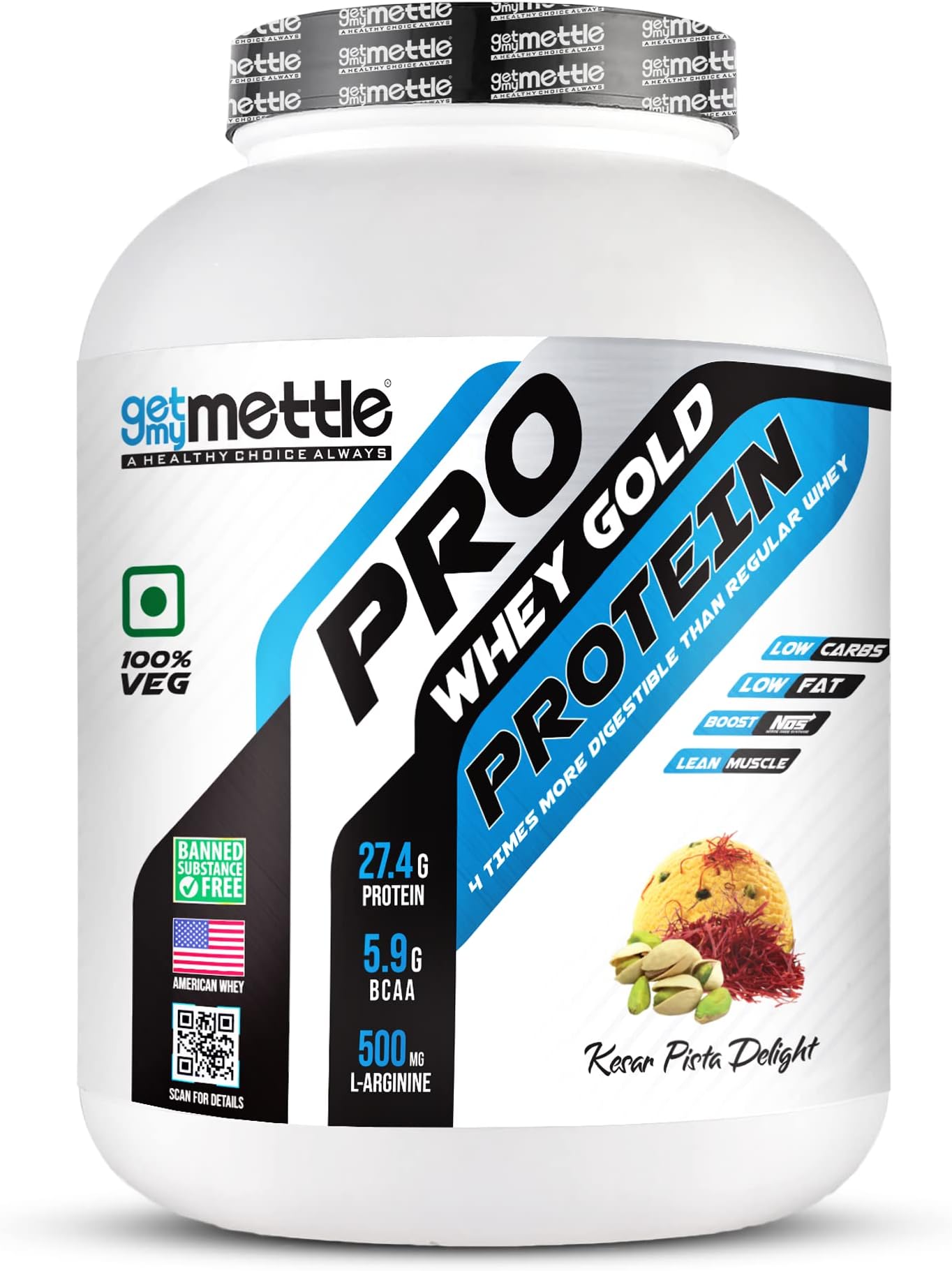 Getmymettle Pro Whey Gold Protein | Whey Protein 2kg Kesar Pista | 27.4g Protein | 5.9 g BCAA | 500mg Arginine | With Digestive Enzymes | Post Workout Drink