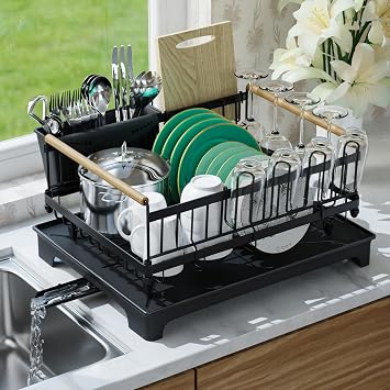 Dish Rack for Kitchen Counter with Drainboard Dish Drying Rack Rustproof Carbon Steel , 360 Swivel Spout, Space-Saving Dish Strainer Organizer with Cup & Utensil Holder, Holds 12 Plates, Black