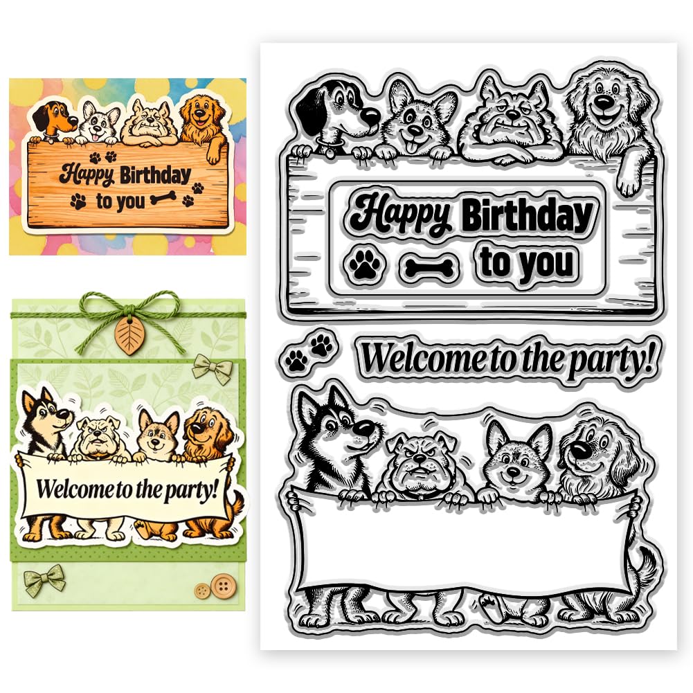CONCHLERY Funny Puppy Banner Animals Border Pattern Clear Silicone Stamps Transparent Craft Stamps, for DIY Scrapbooking Card Making Paper Craft Decor 6.3x4.3 Inch — image 1