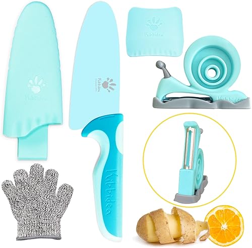 Juego de cuchillos para niños, 4 piezas de cocina para niños, de acero inoxidable, cuchillos de chef con pelador, protector de dedos, guante