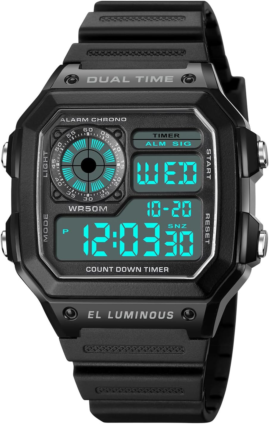 Mens Digital Multi-Function 2 Time Rubber Alarm Stopwatch Countdown Backlight Swim Waterproof Watch